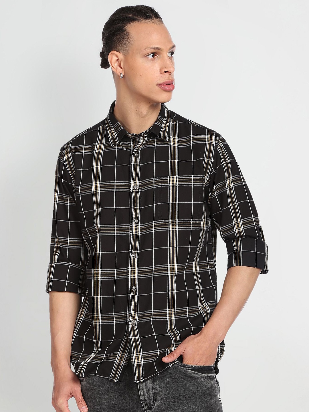 

Flying Machine Slim Fit Tartan Checked Casual Shirt, Black