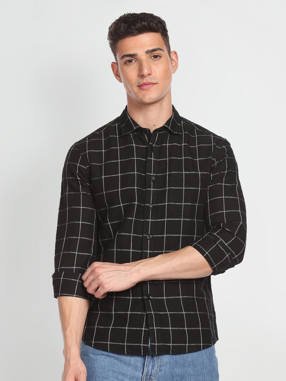 

Flying Machine Windowpane Checks Linen Cotton Casual Shirt, Black