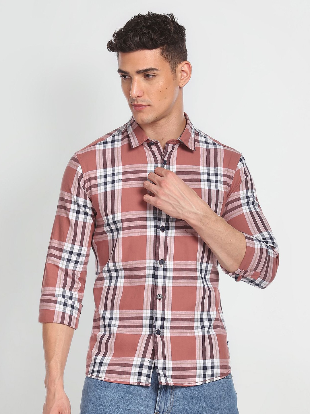 

Flying Machine Tartan Checks Twill Pure Cotton Casual Shirt, Pink