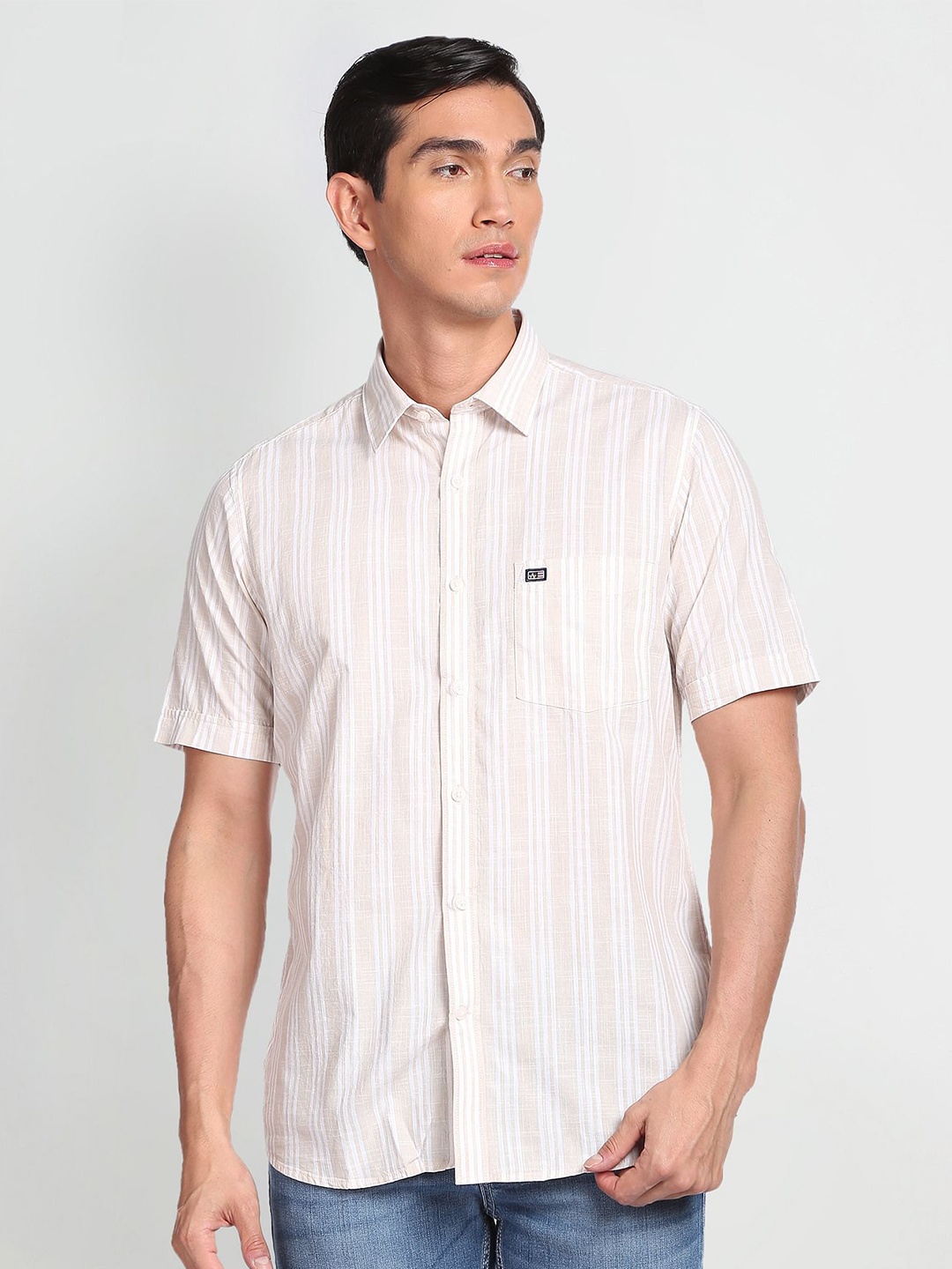

Arrow Sport Spread Collar Striped Cotton Casual Shirt, Beige