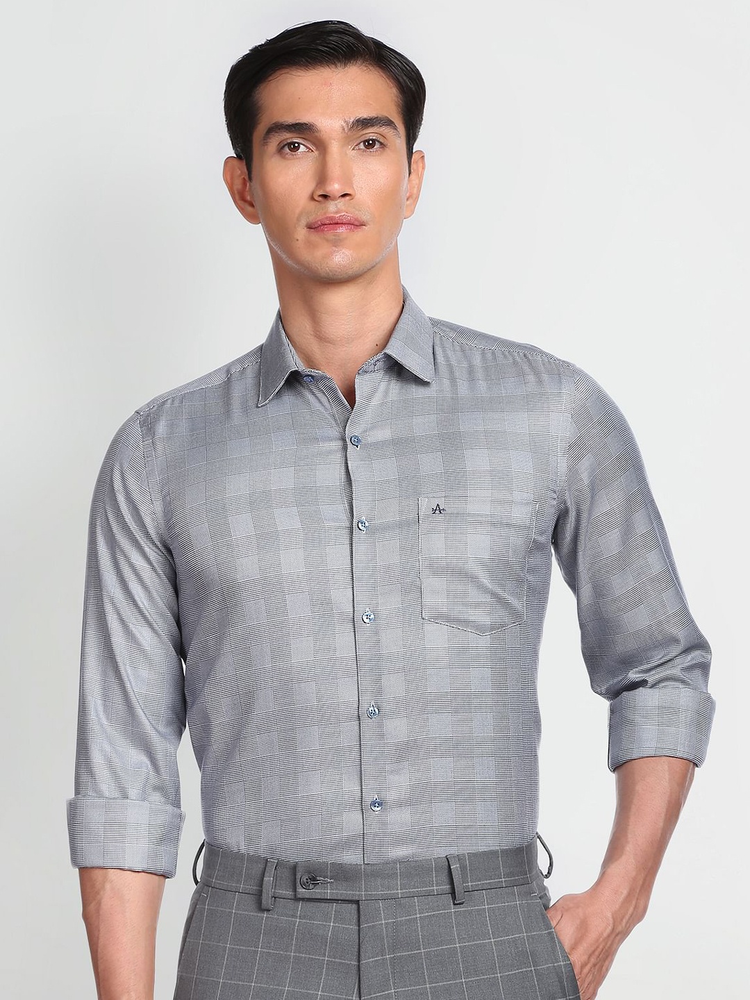 

Arrow Spread Collar Checked Slim Fit Cotton Auto Press Houndstooth Formal Shirt, Grey