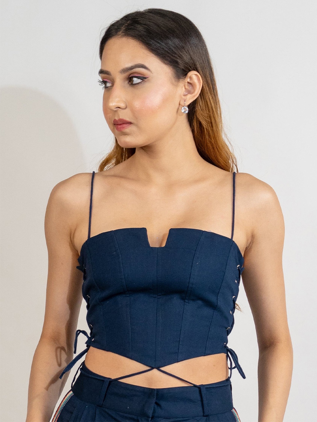 

POPPI Shoulder Strap Linen Tube Crop Top, Navy blue
