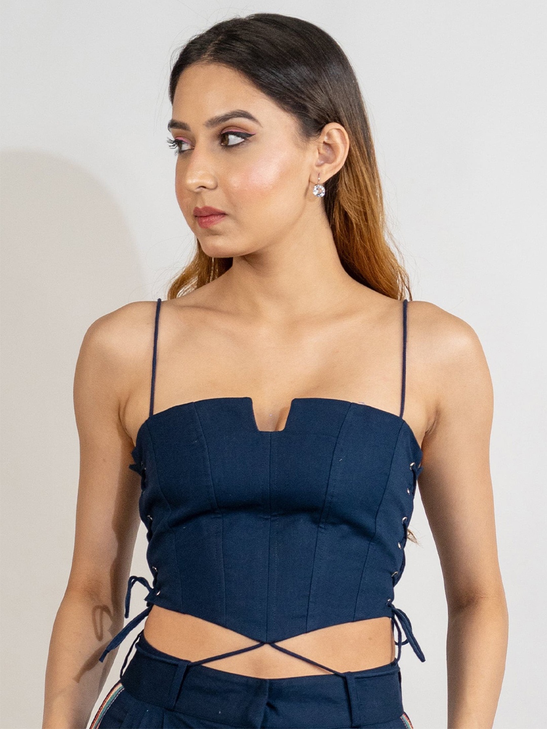 

POPPI Tie- Up Linen Bralette Crop Top, Navy blue