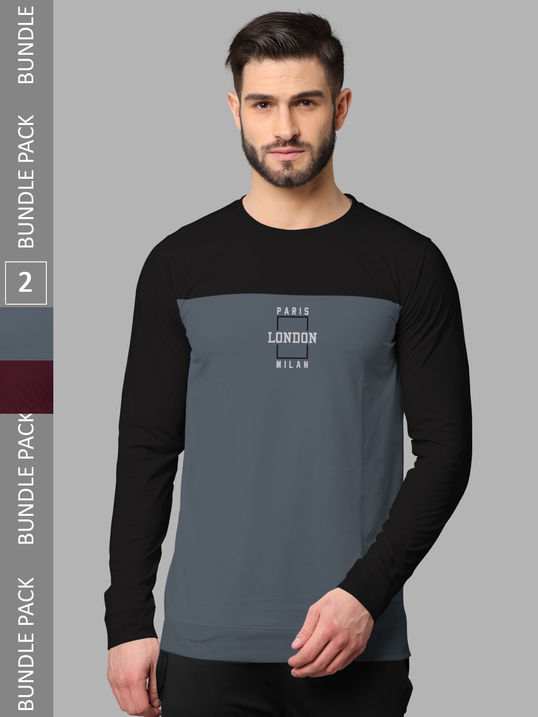 

BULLMER Pack of 2 Typography Printed Long Sleeves Hooded T-shirts, Grey