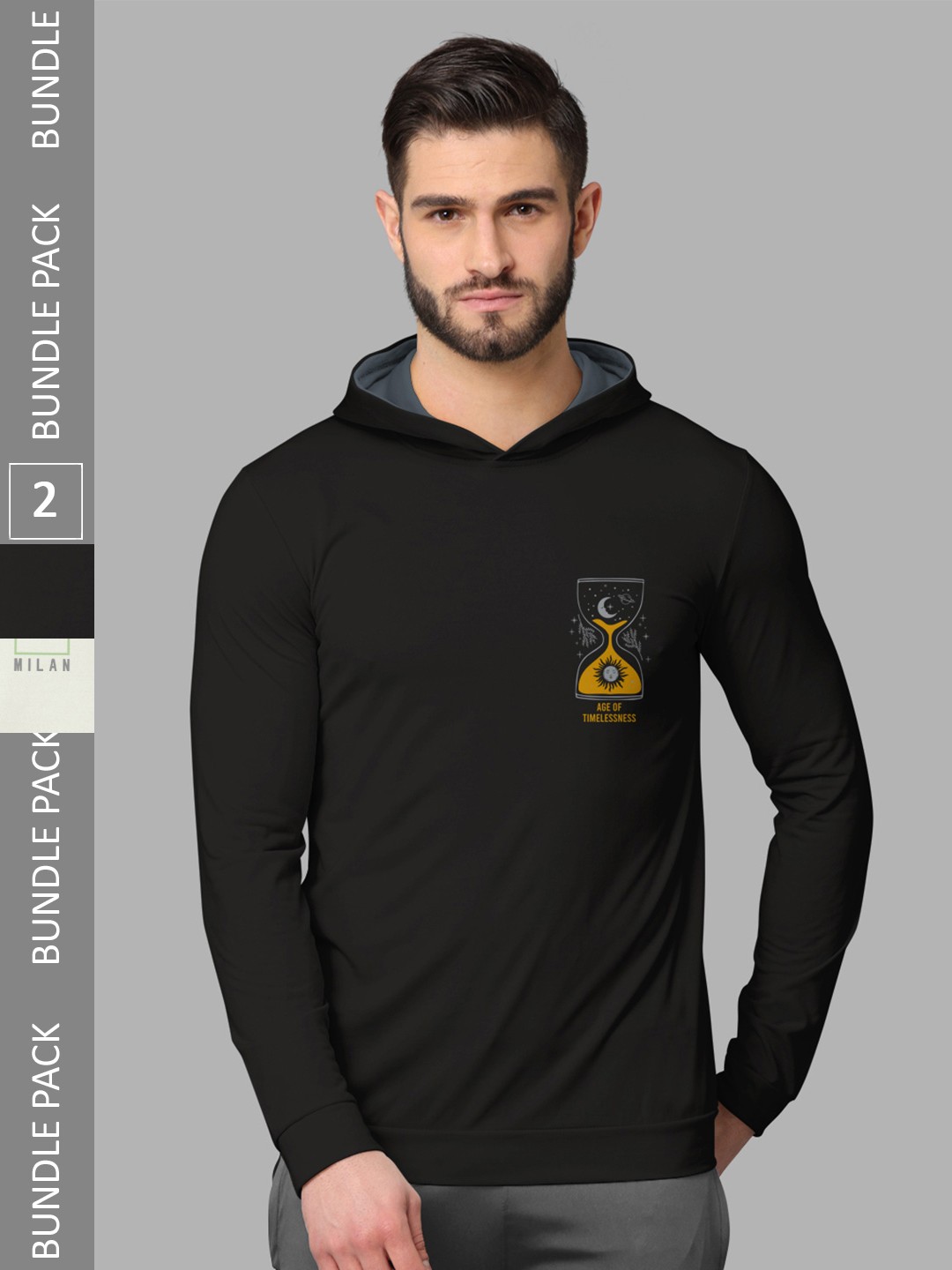 

BULLMER Pack of 2 Typography Printed Long Sleeves Hooded T-shirts, Black