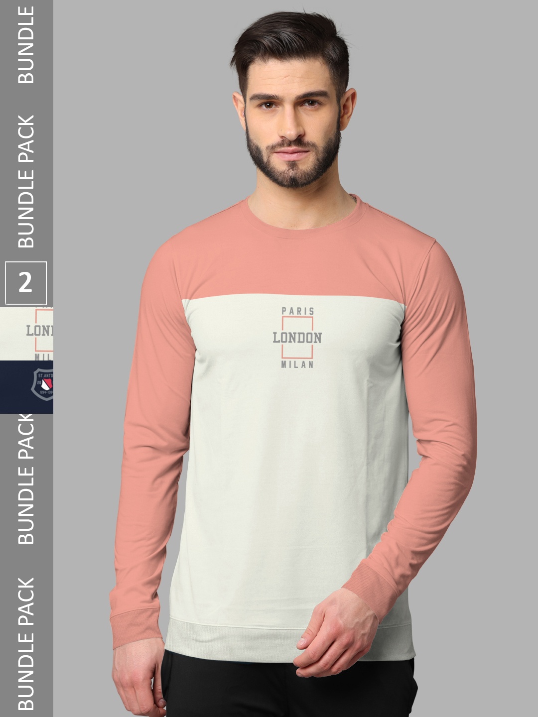 

BULLMER Pack Of 2 Printed Long Sleeves Cotton T-shirts, Peach