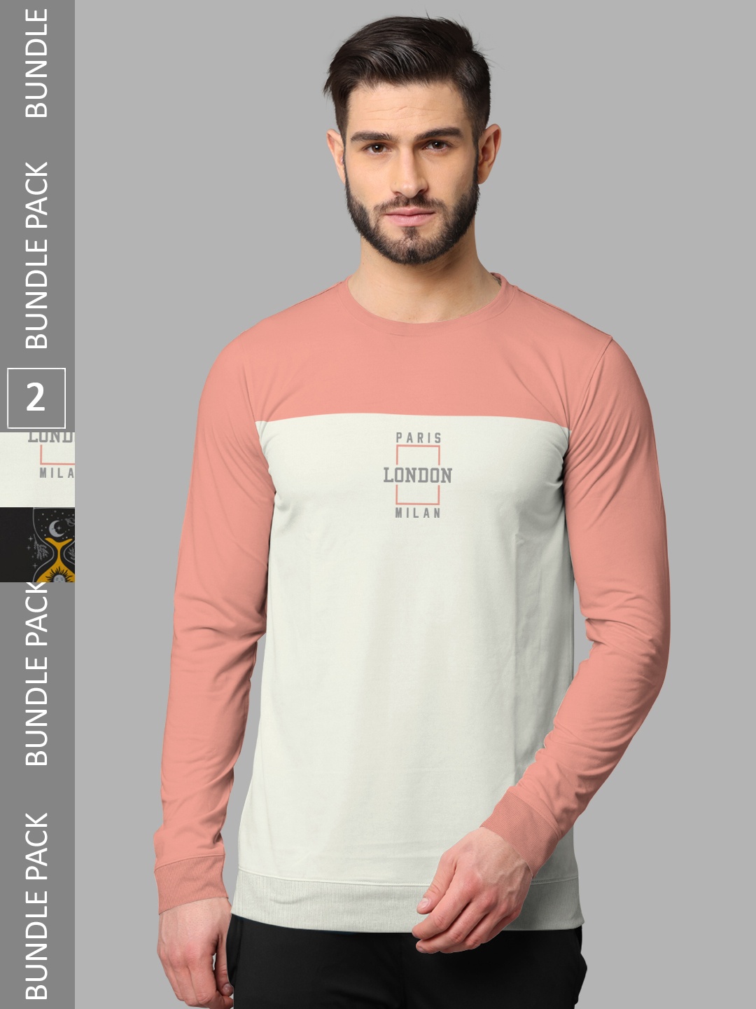 

BULLMER Pack Of 2 Printed Long Sleeves Cotton T-shirts, Peach