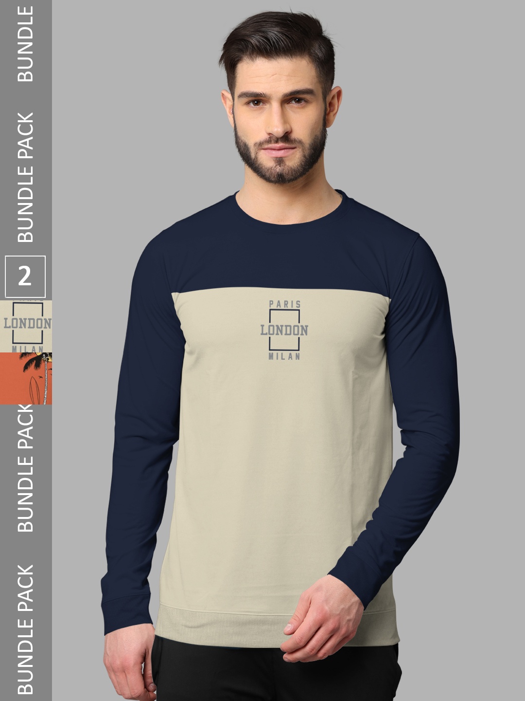 

BULLMER Pack Of 2 Colourblocked Hooded Neck Cotton Casual T-Shirts, Navy blue
