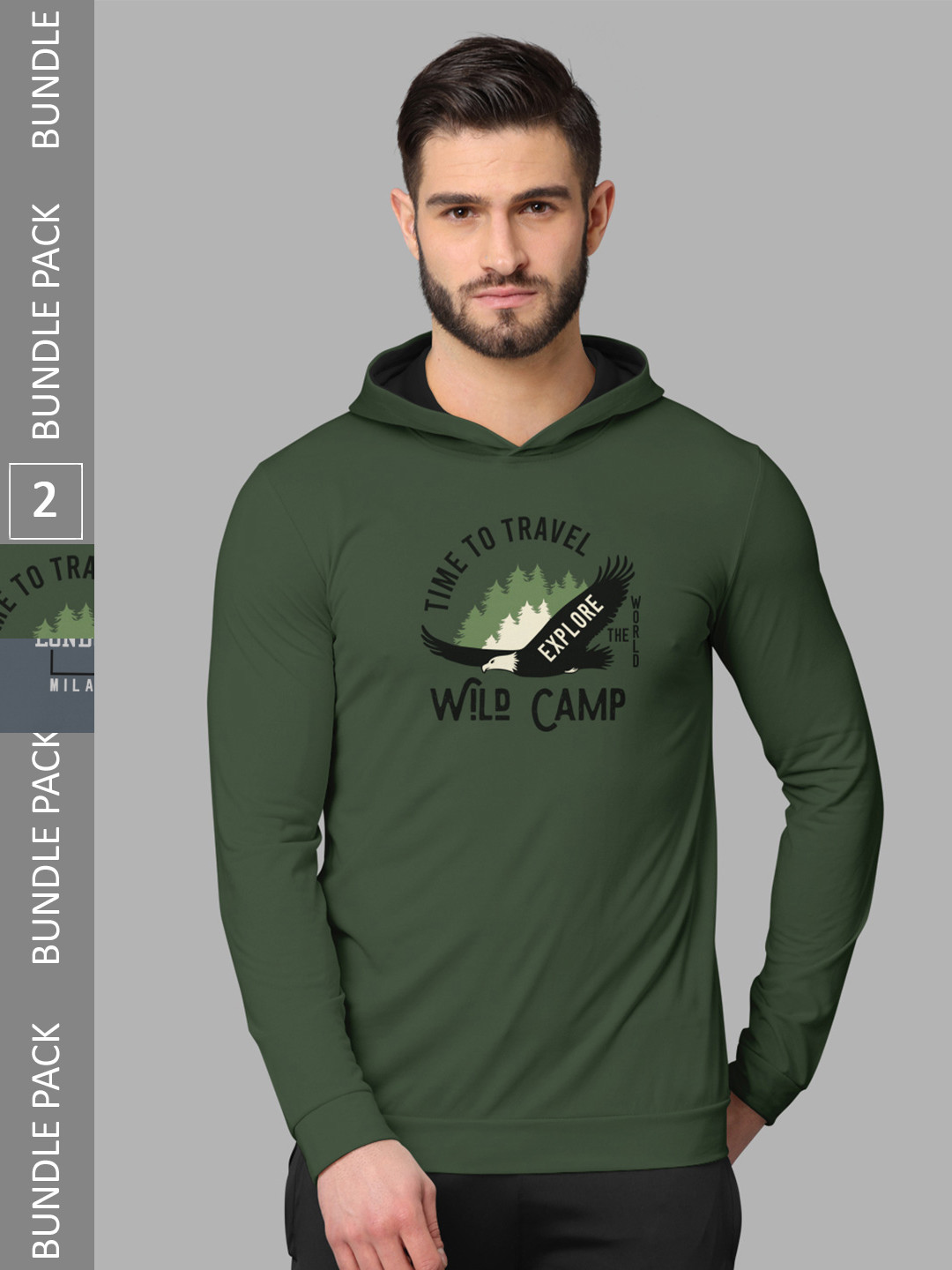 

BULLMER Pack Of 2 Typography Printed Hooded Neck Cotton Casual T-Shirts, Olive