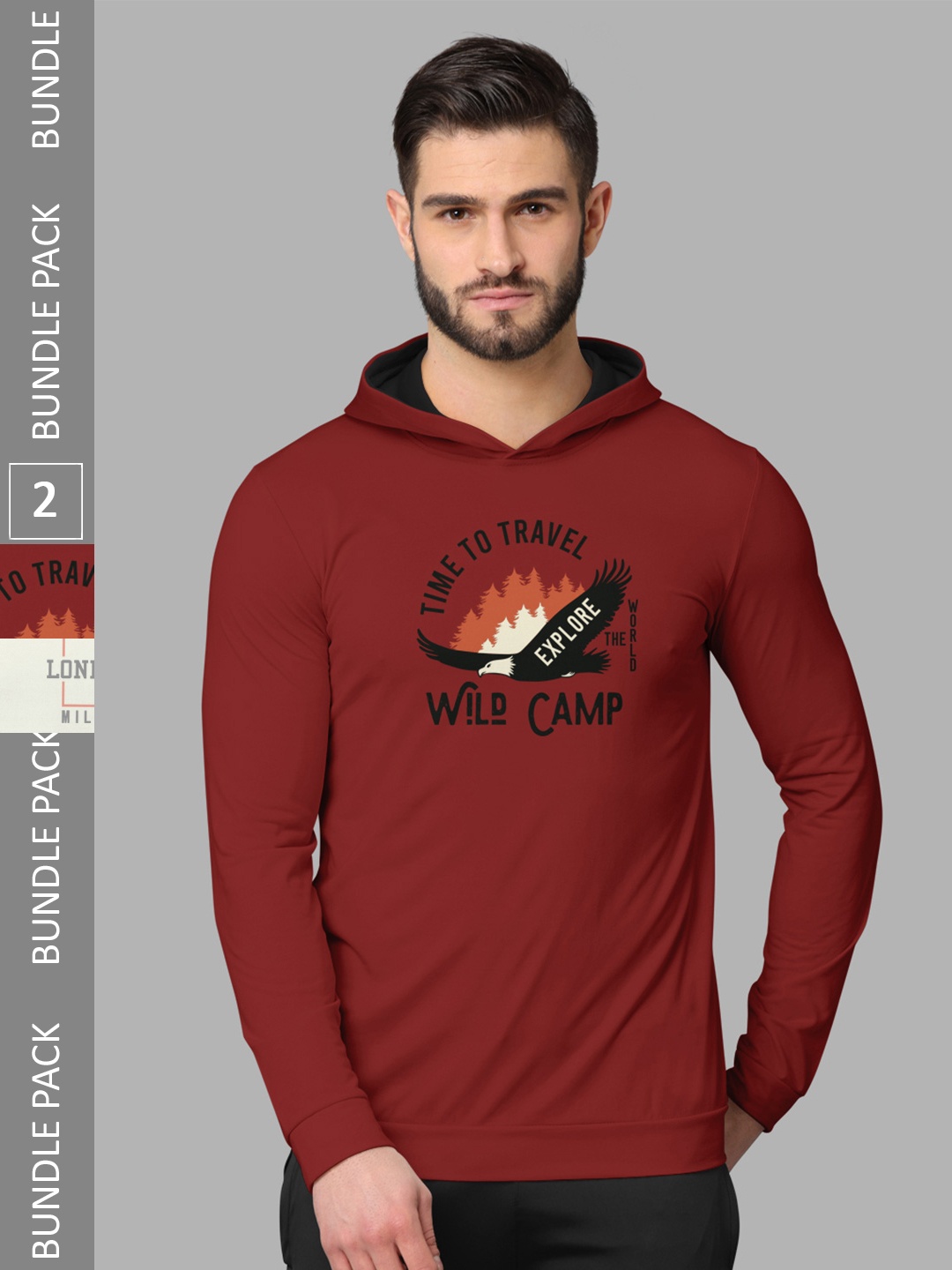 BULLMER Pack Of 2 Typography Printed Hooded Neck Cotton Casual T-Shirts, Red