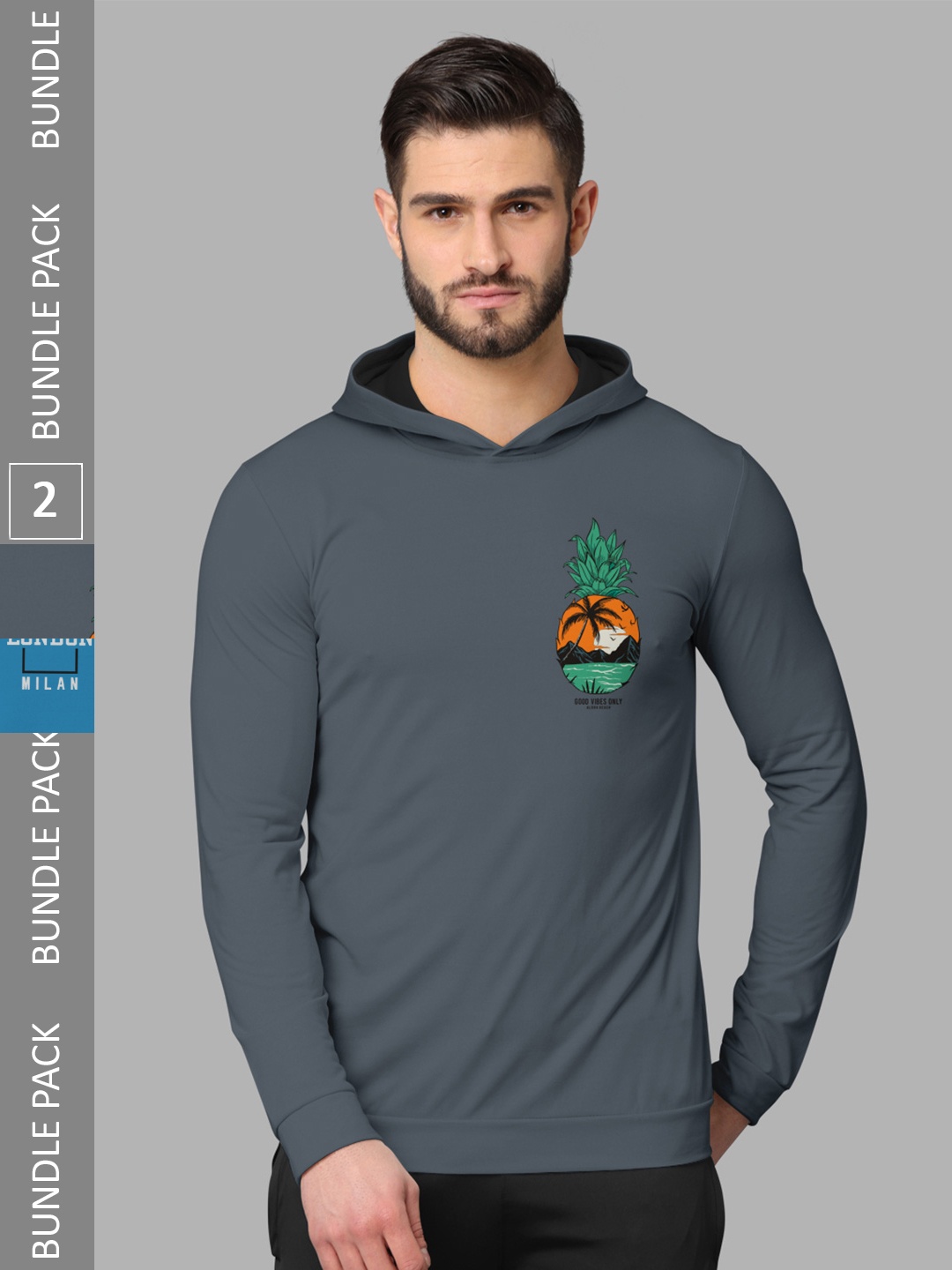 

BULLMER Pack Of 2 Graphic Printed Hooded Neck Cotton Casual T-Shirts, Grey