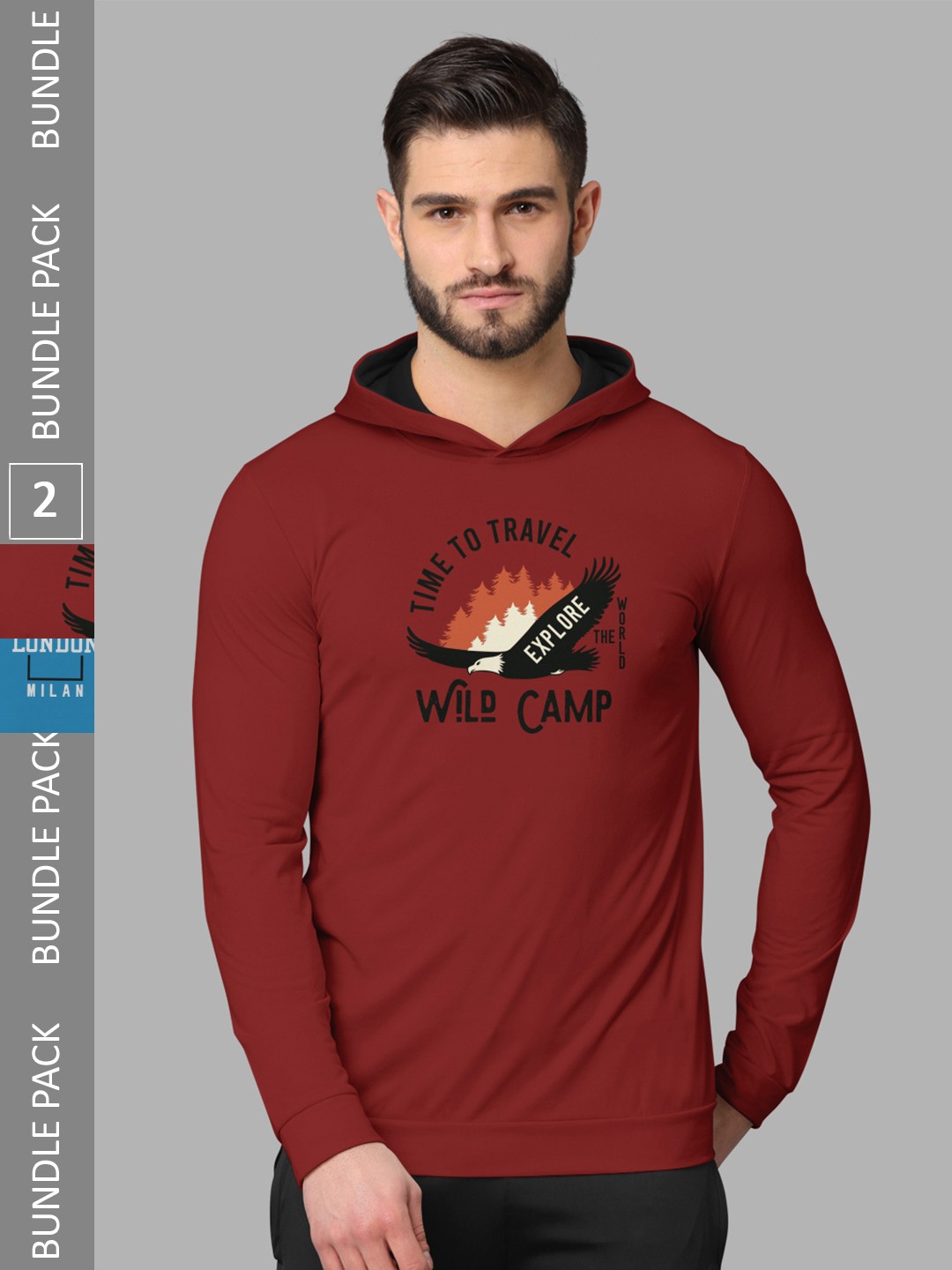 

BULLMER Typography Printed Pack Of 2 Hooded Neck Cotton T-Shirts, Red