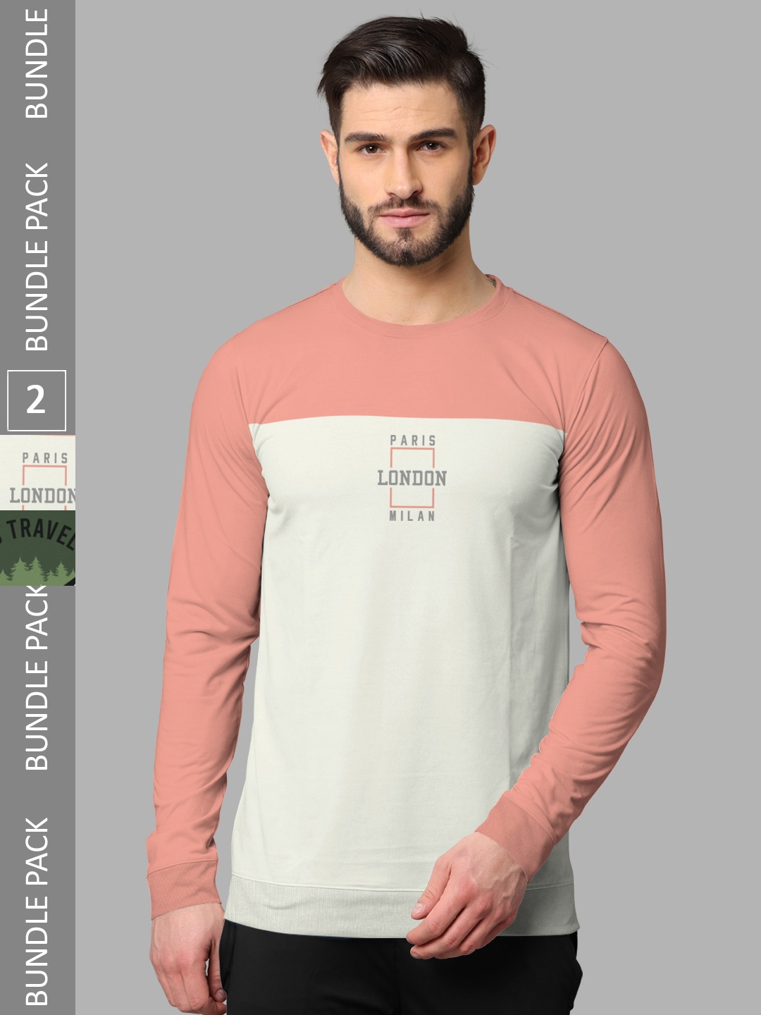 

BULLMER Pack Of 2 Typography Printed Long Sleeves Round Neck T-shirt, Pink