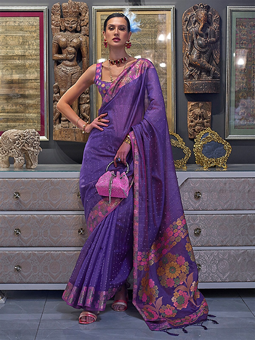 

ODETTE Beads And Stones Embellished Zari Organza Saree, Purple