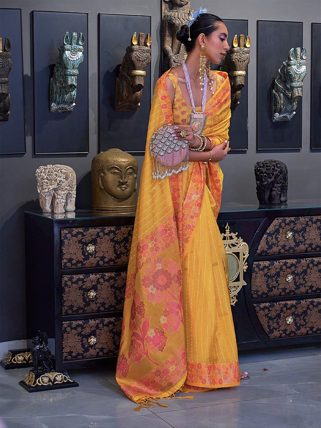 

ODETTE Beads And Stones Embellished Zari Organza Saree, Yellow