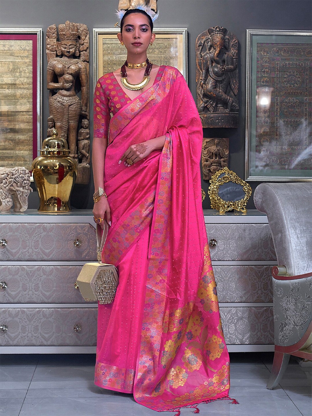 

ODETTE Beads And Stones Embellished Zari Organza Saree, Pink