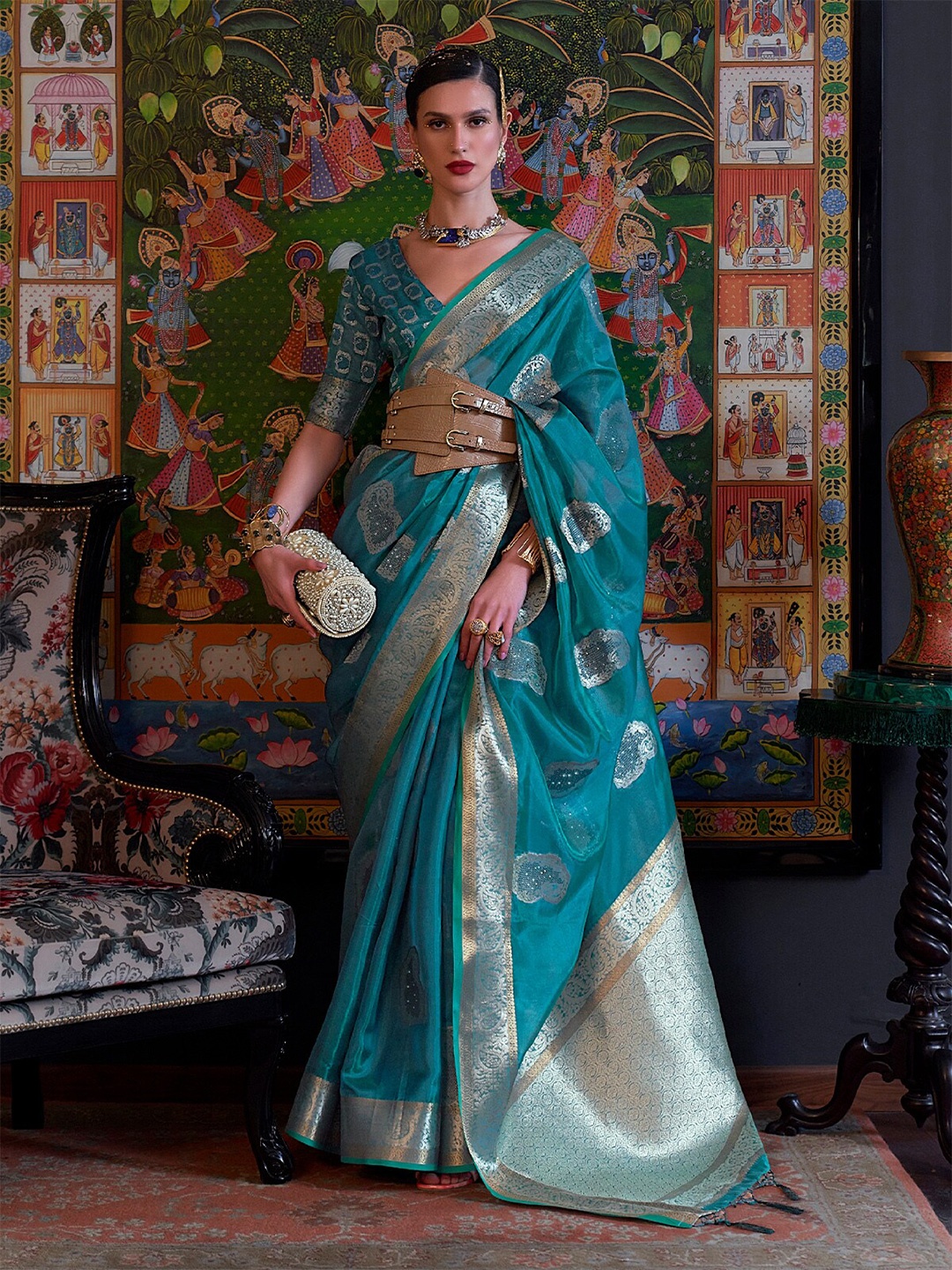 

ODETTE Ethnic Motif Woven Design Zari Organza Saree, Teal