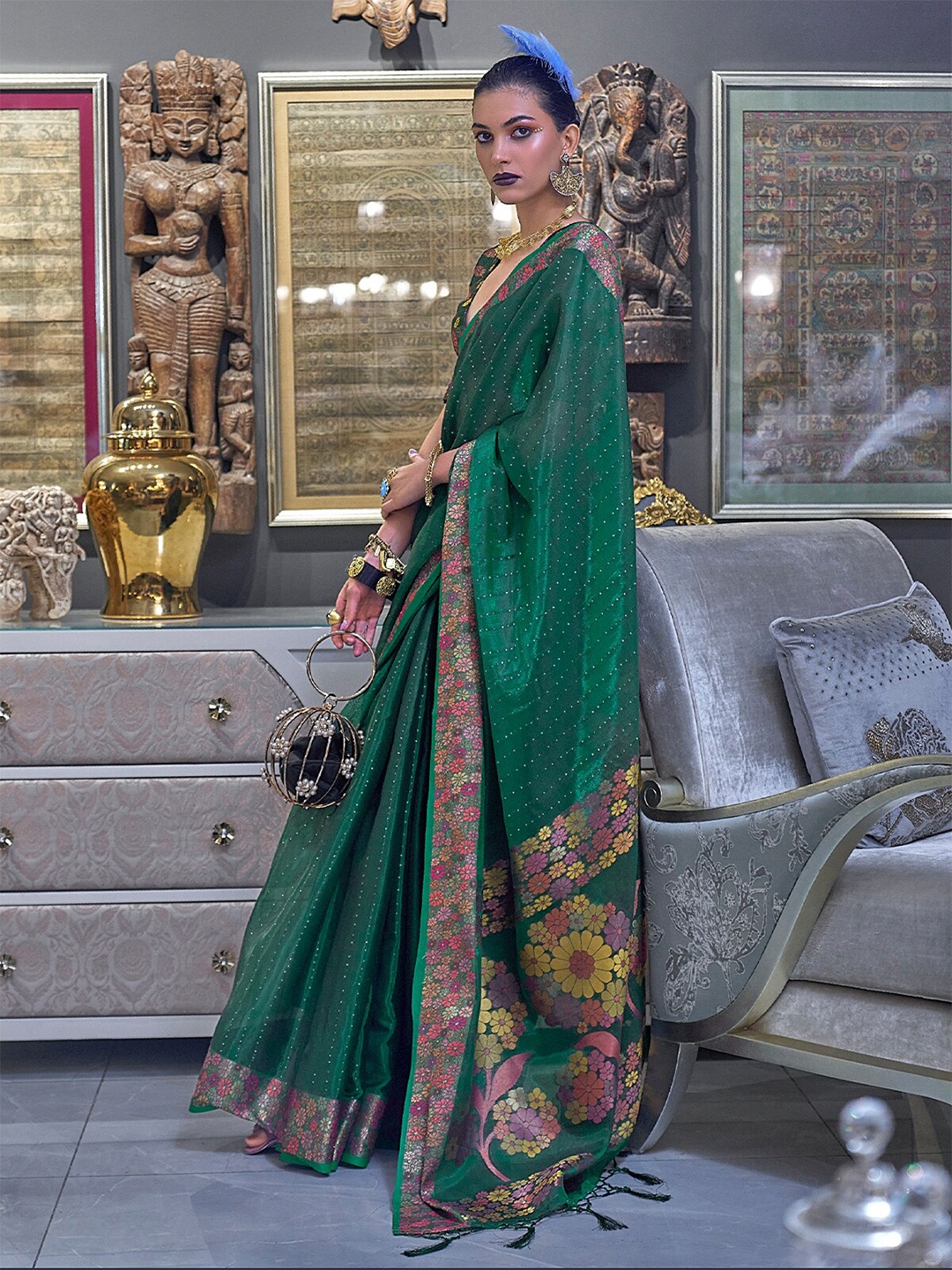 

ODETTE Green & Pink Embellished Zari Organza Saree