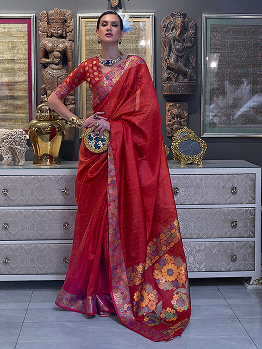 

ODETTE Red & Blue Embellished Sequinned Organza Saree