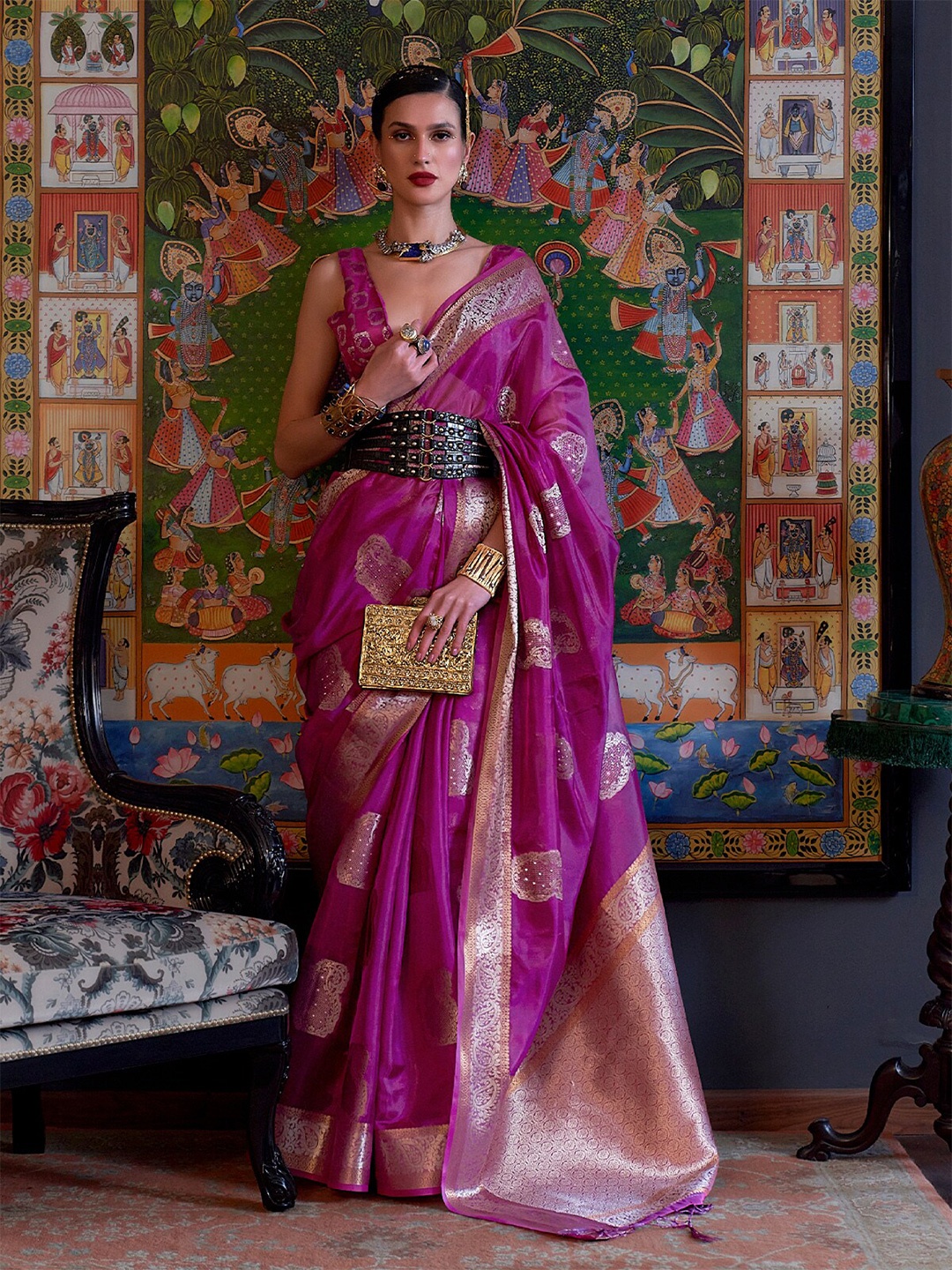 

ODETTE Ethnic Motif Woven Design Zari Organza Saree, Pink