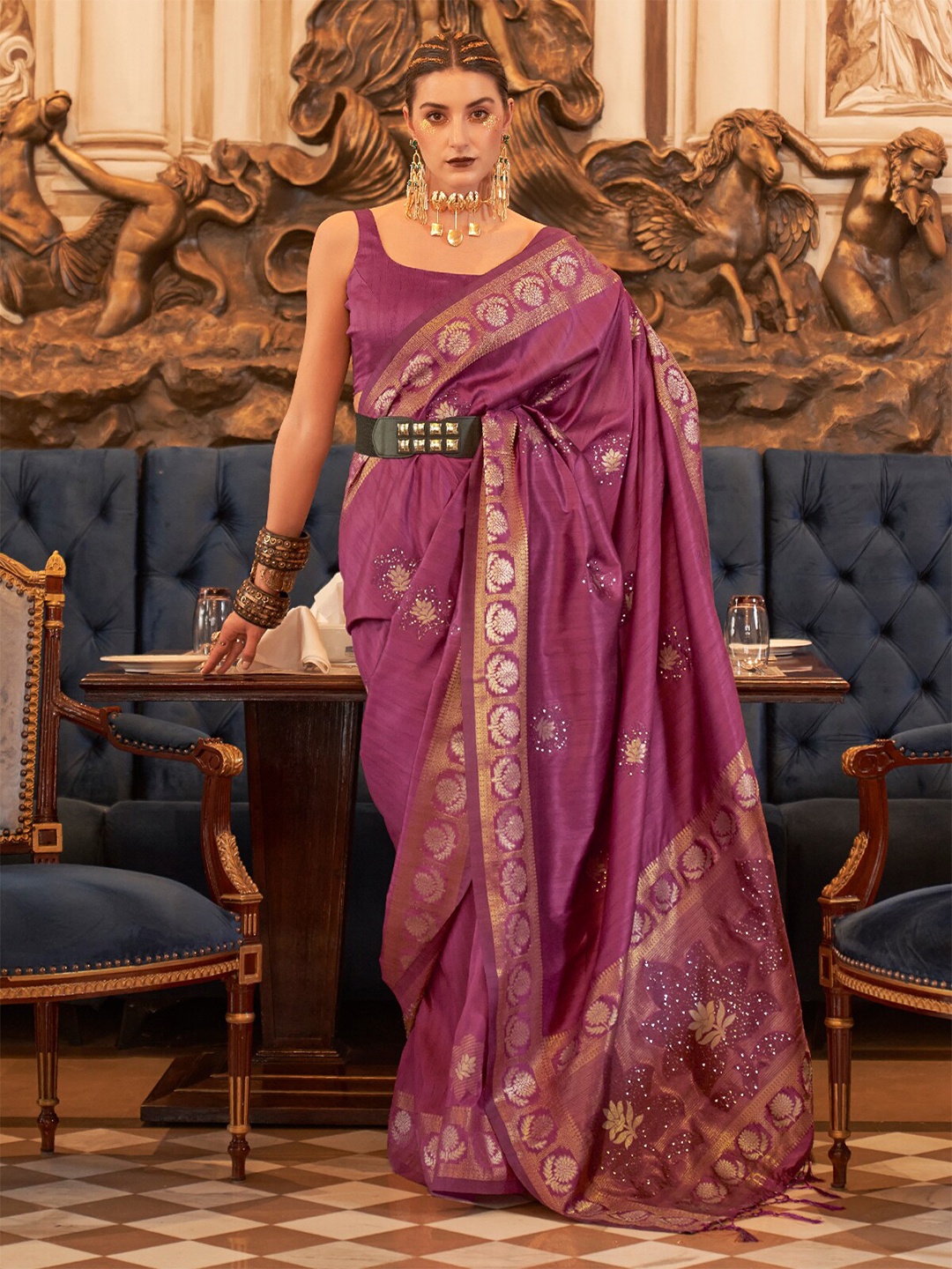 

ODETTE Floral Woven Design Embelished Zari Saree, Violet