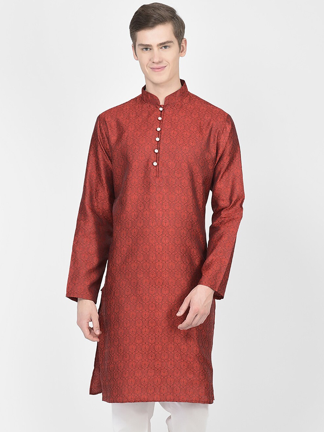 

SG LEMAN Ethnic Motifs Woven Design Mandarin Collar Straight Kurta, Maroon