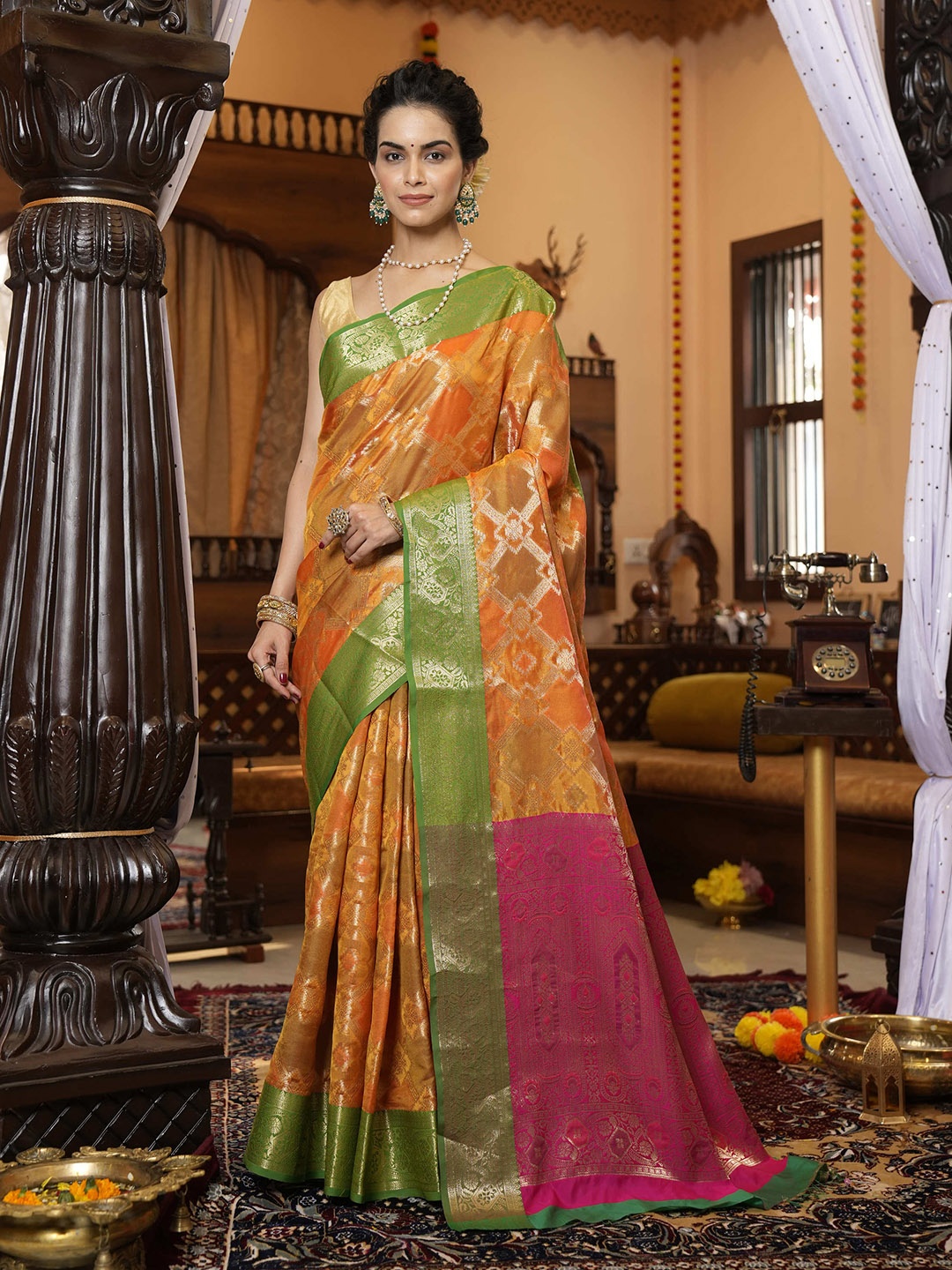 

elora Yellow & Green Woven Design Zari Organza Bhagalpuri Saree