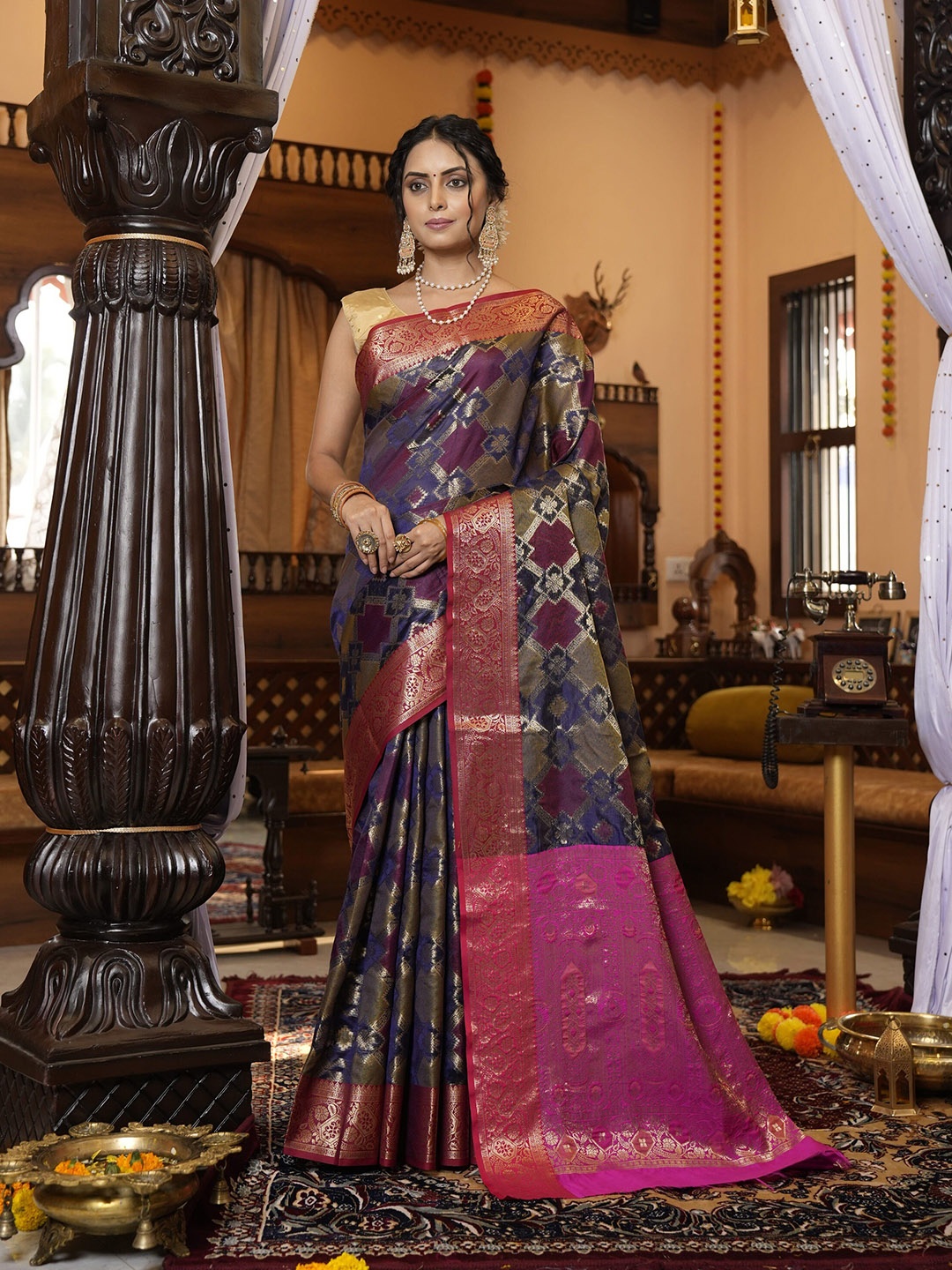 

elora Violet & Blue Woven Design Zari Organza Bhagalpuri Saree