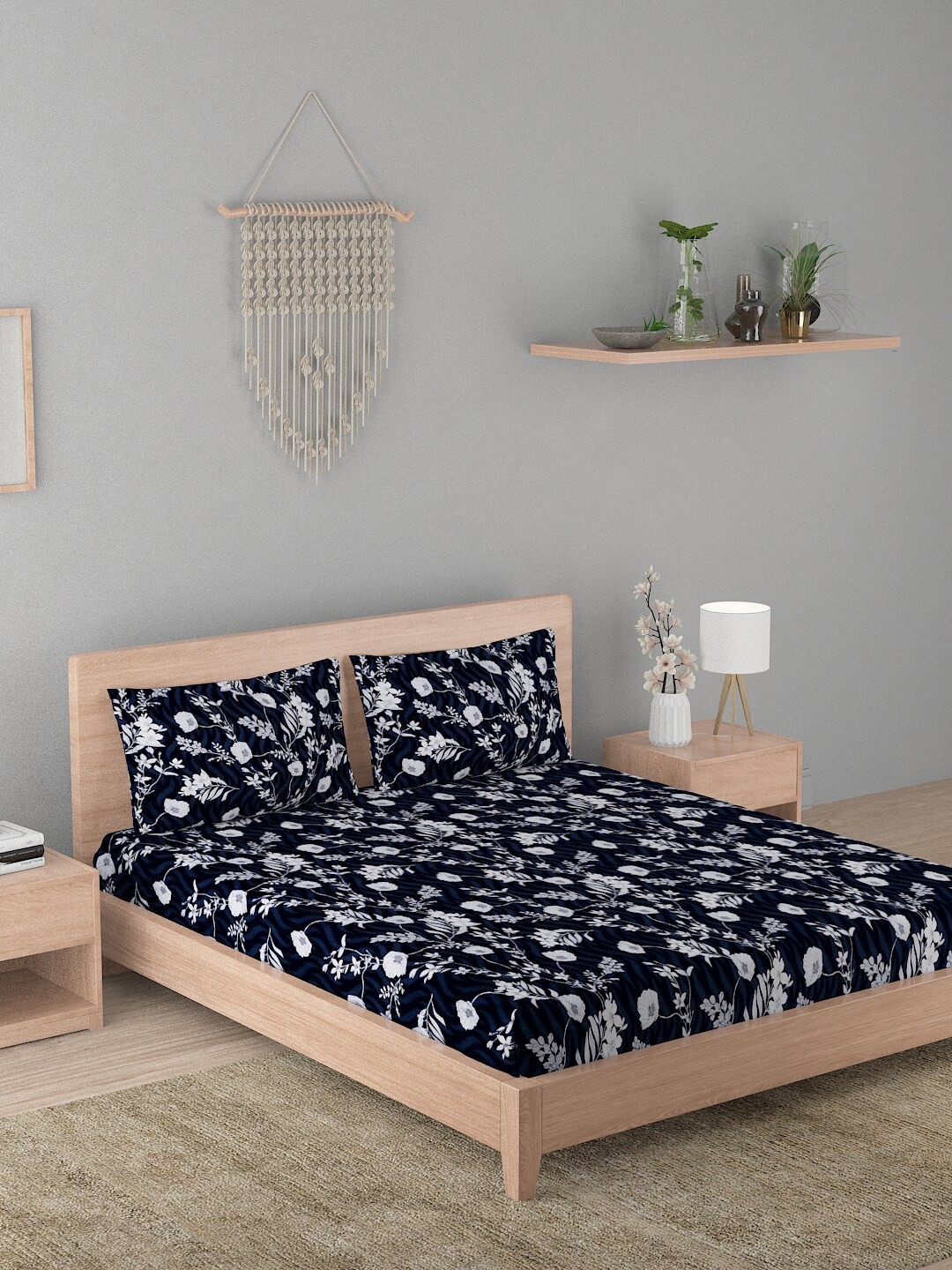 

A Homes Grace Elegencia White & Blue Printed 210 TC Queen Bedsheet & 2 Pillow Covers