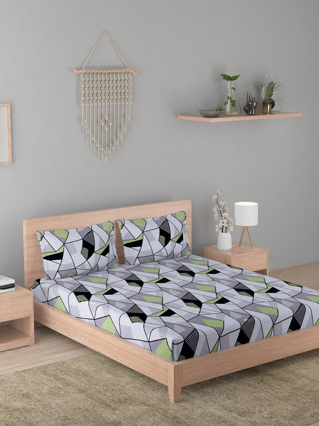 

A Homes Grace Elegencia Grey & Black Printed 210 TC Queen Bedsheet & 2 Pillow Covers