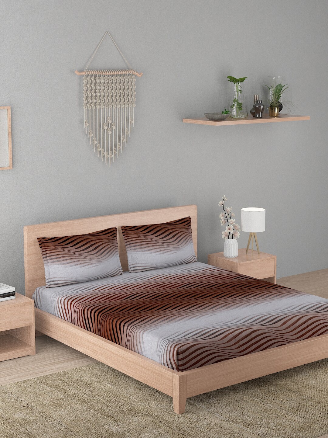 

A Homes Grace Elegencia Brown & Grey Striped 210 TC Queen Bedsheet & 2 Pillow Covers