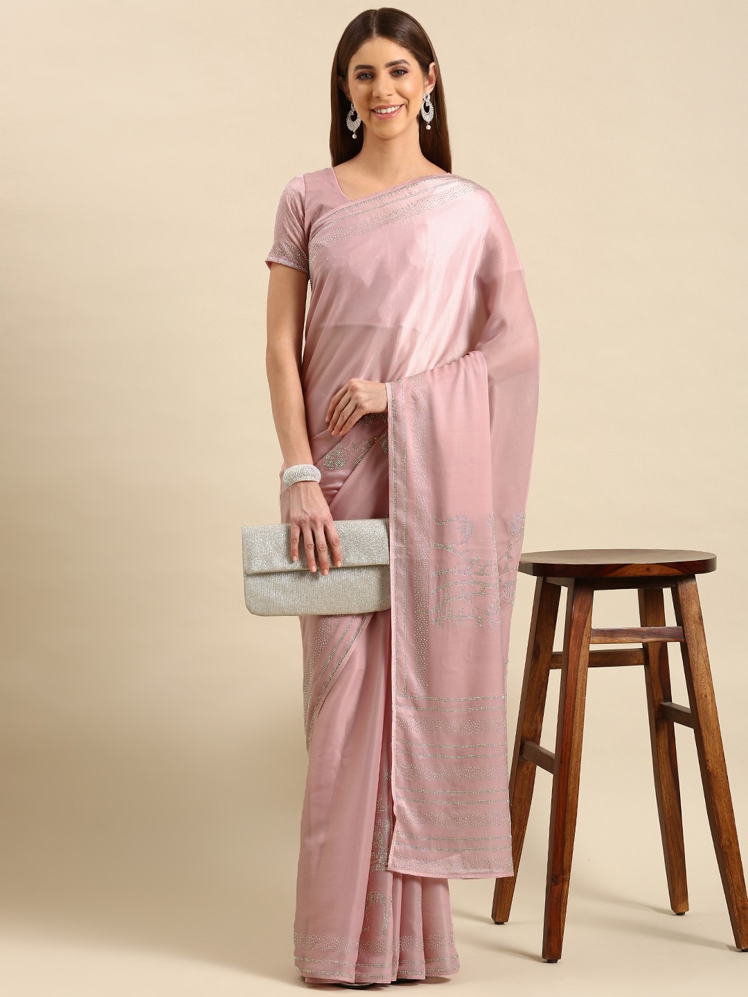 

Mitera Embellished Floral Beads & Stones Satin Saree, Pink