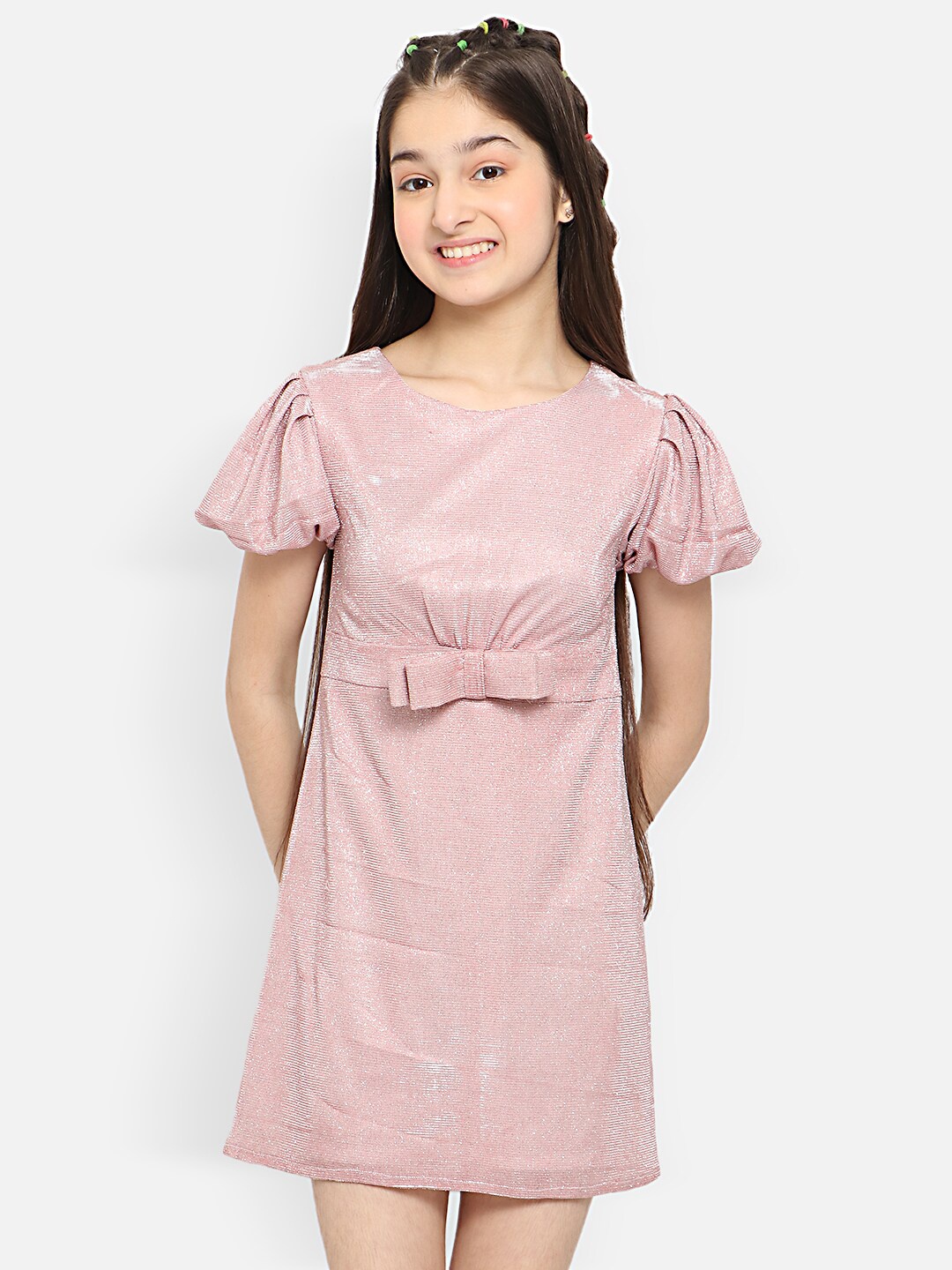 

Natilene Girls Puff Sleeves A-Line Dress With Bow, Pink