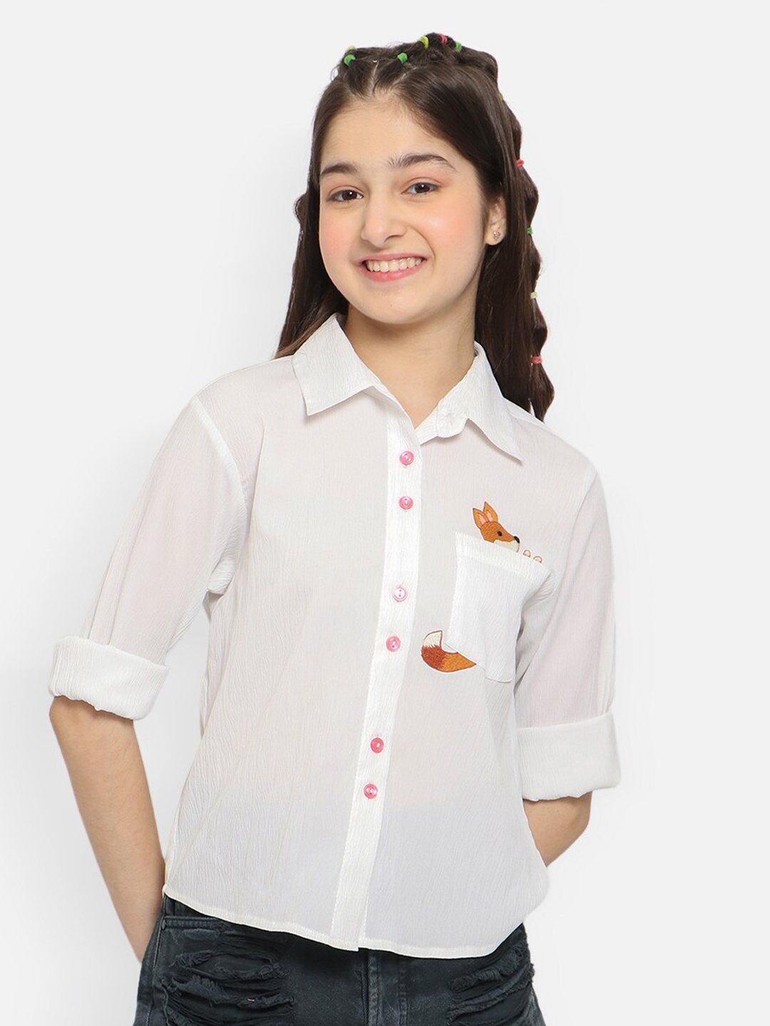 

Natilene Girls Standard Fit Self Designed And Embroidered Opaque Casual Shirt, White