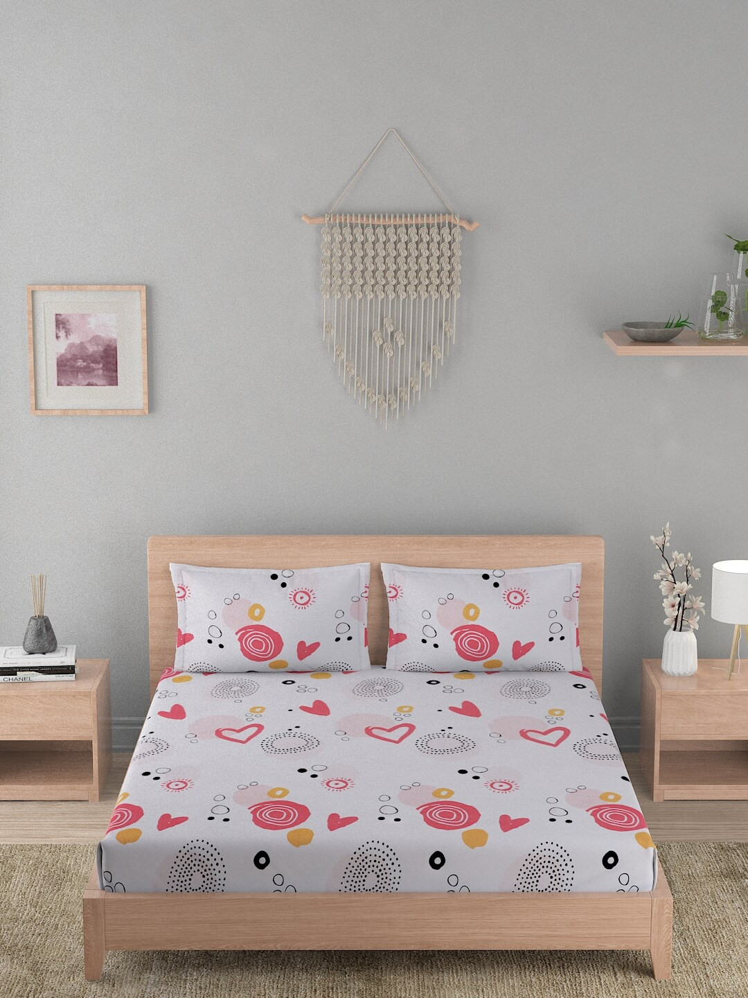 

A Homes Grace Elegencia White & Pink Graphic 210 TC Queen Bedsheet & 2 Pillow Covers