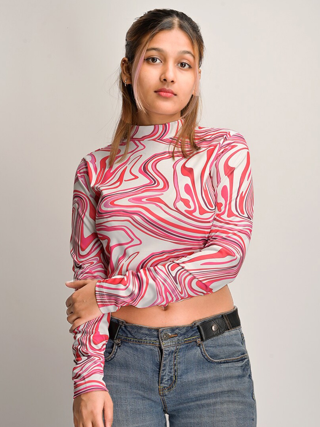 

Street Style Store Abstract Printed High Neck Crop Top, White