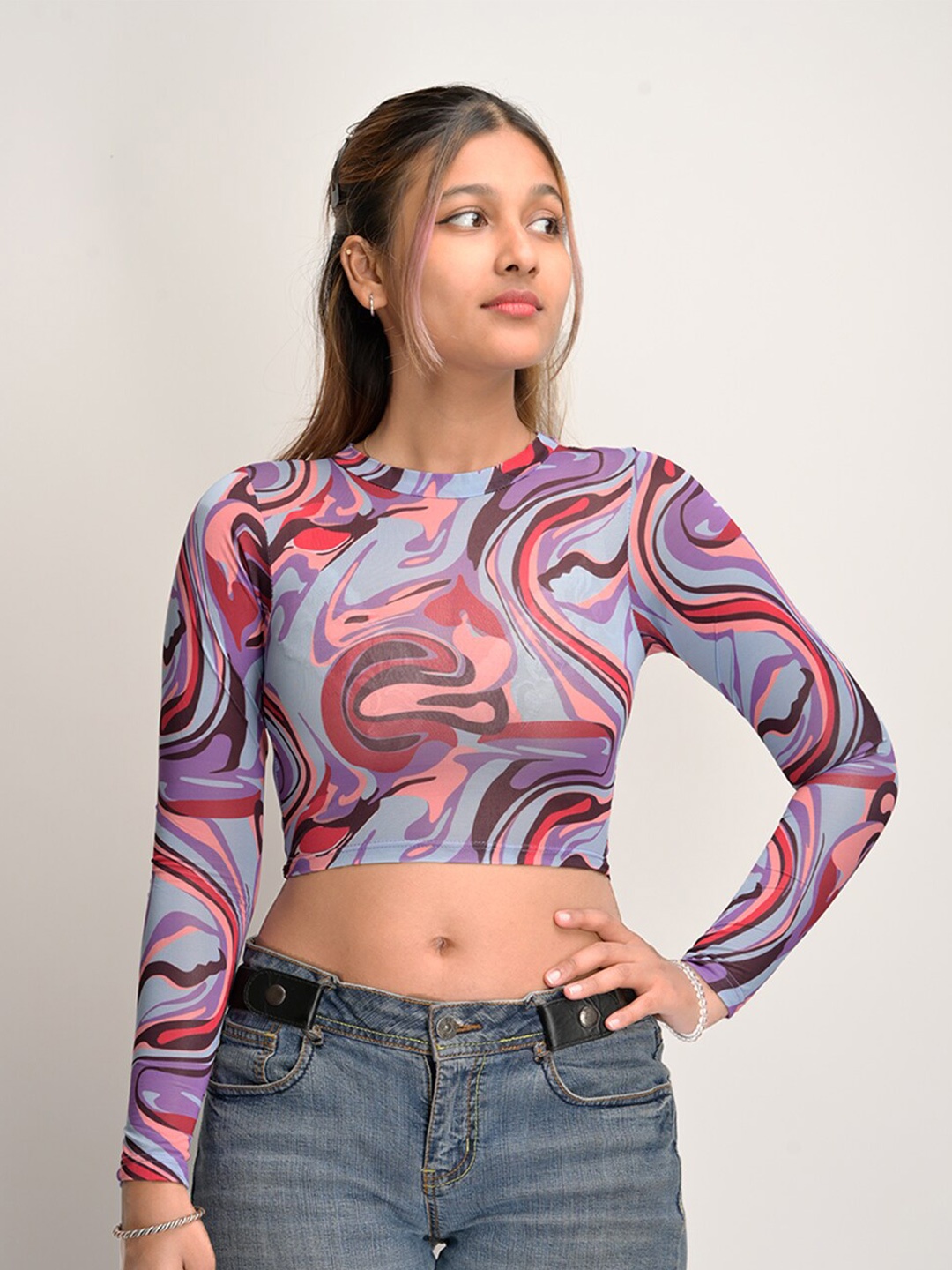 

Street Style Store Abstract Printed Long Sleeves Fitted Crop Top, Blue