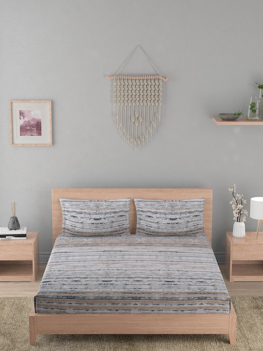 

A Homes Grace Elegencia Grey & Blue Striped 210 TC Queen Bedsheet & 2 Pillow Covers