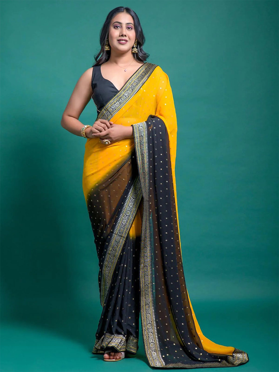 

Mitera Mustard & Black Woven Design Half and Half Zari Pure Georgette Saree