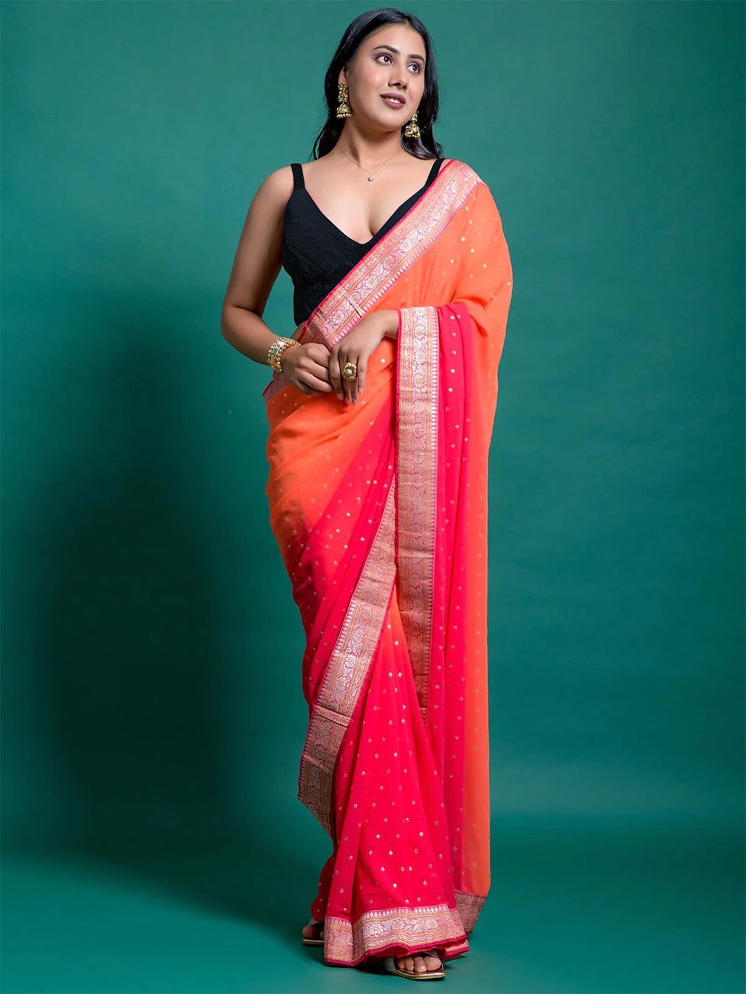 

Mitera Orange & Pink Ethnic Motifs Pure Georgette Half and Half Block Print Saree