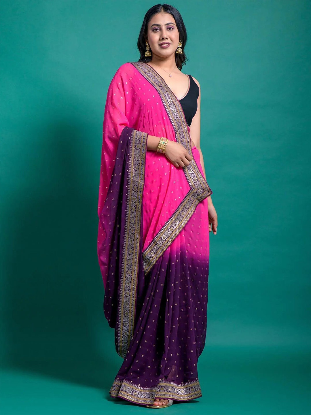 

Mitera Pink & Purple Ethnic Motifs Pure Georgette Half and Half Block Print Saree