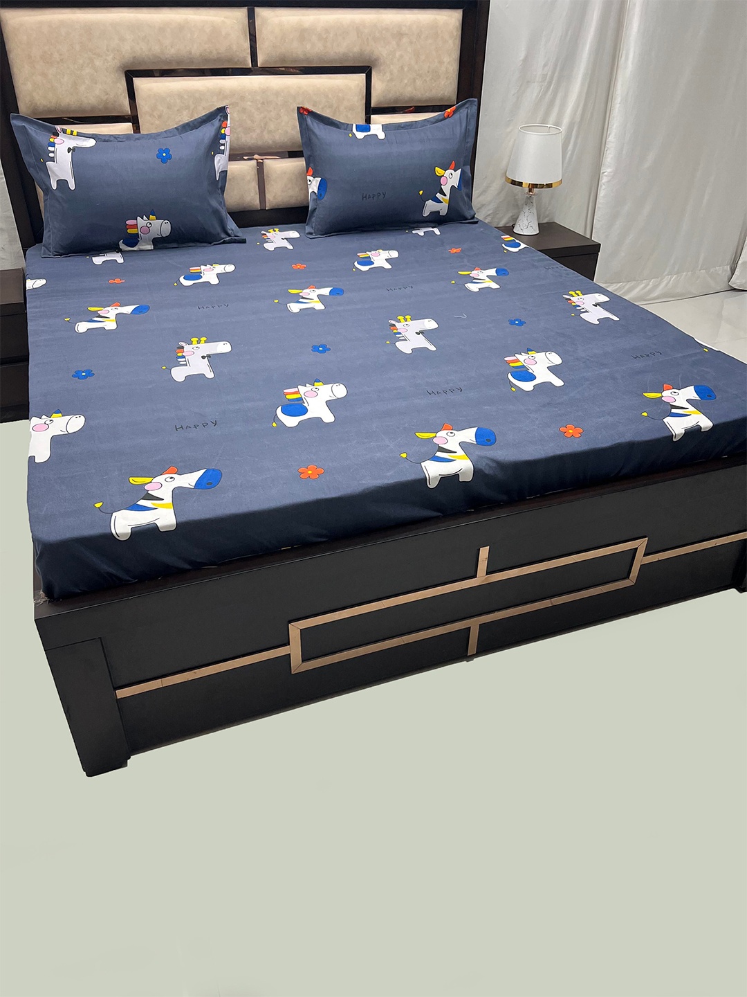 

Pure Decor Kids Blue & White Cartoon Characters 260 TC Queen Bedsheet & 2 Pillow Covers