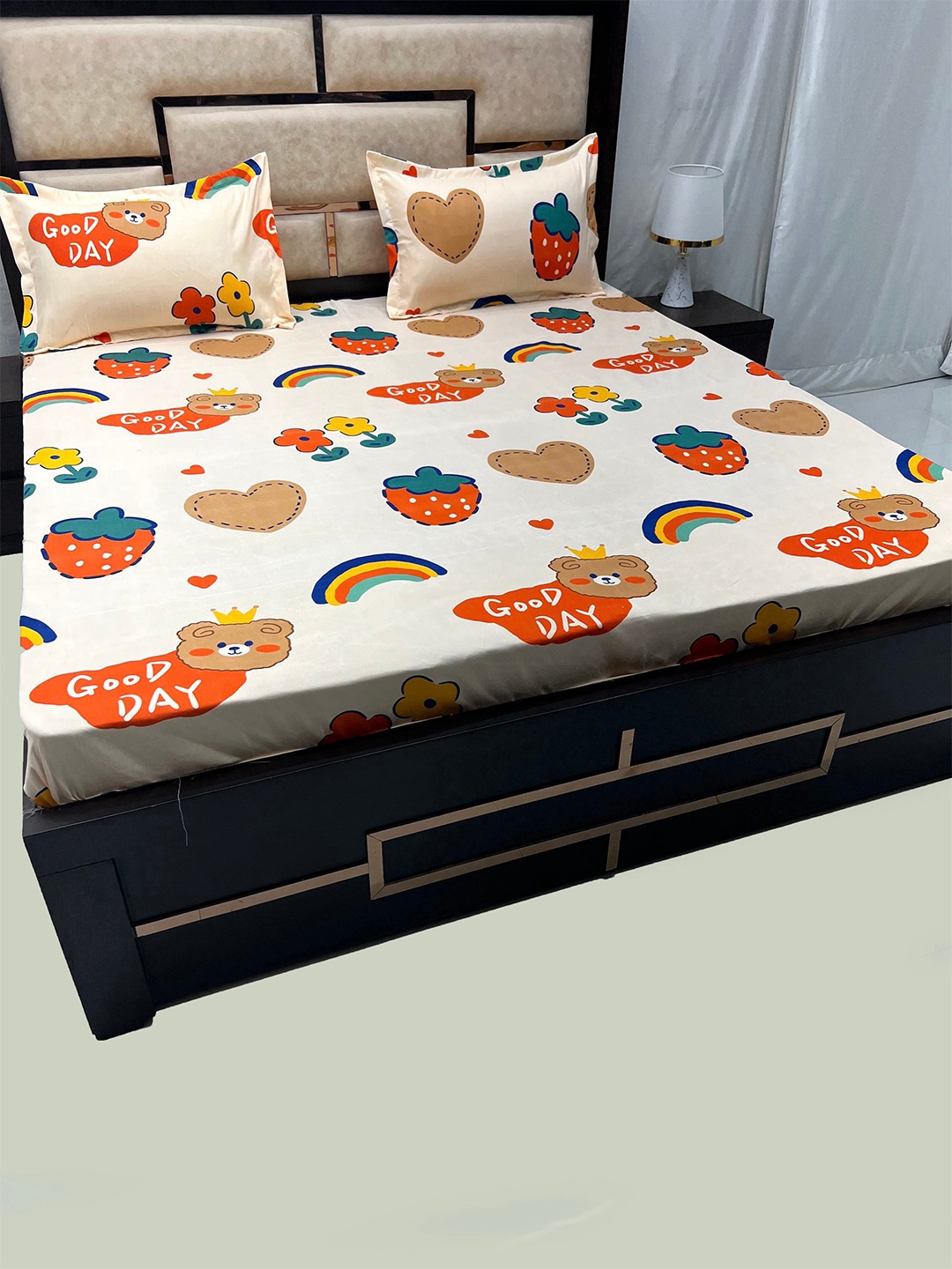 

Pure Decor Kids Cream & Red Cartoon Characters 260 TC Queen Bedsheet With 2 Pillow Covers