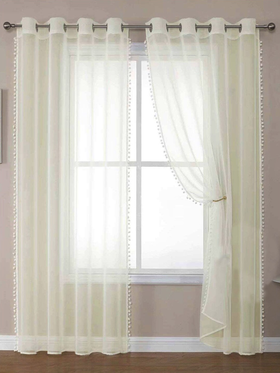 

URBAN SPACE Cream-Coloured & Silver-Toned 2 Pieces Linen Sheer Door Curtains