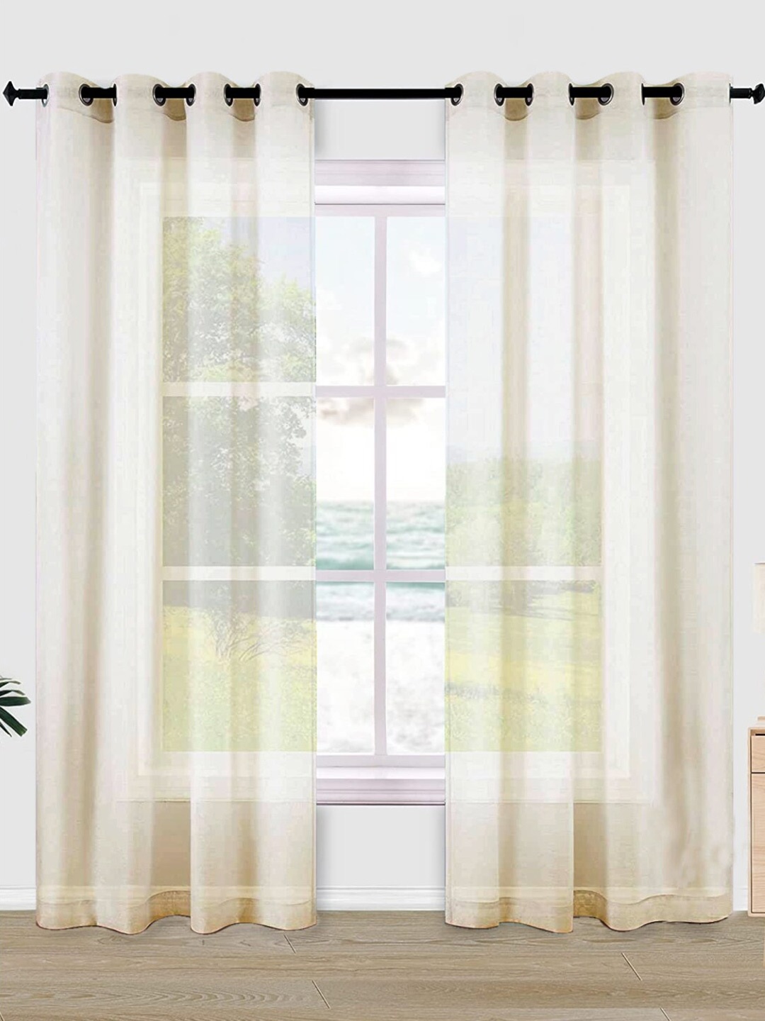 

URBAN SPACE Cream-Coloured & Silver-Toned 2 Pieces Linen Sheer Door Curtains