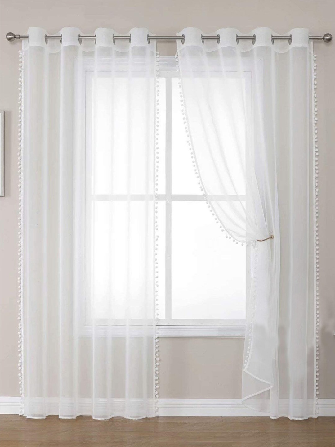 

URBAN SPACE White & Silver-Toned 2 Pieces Linen Sheer Door Curtains