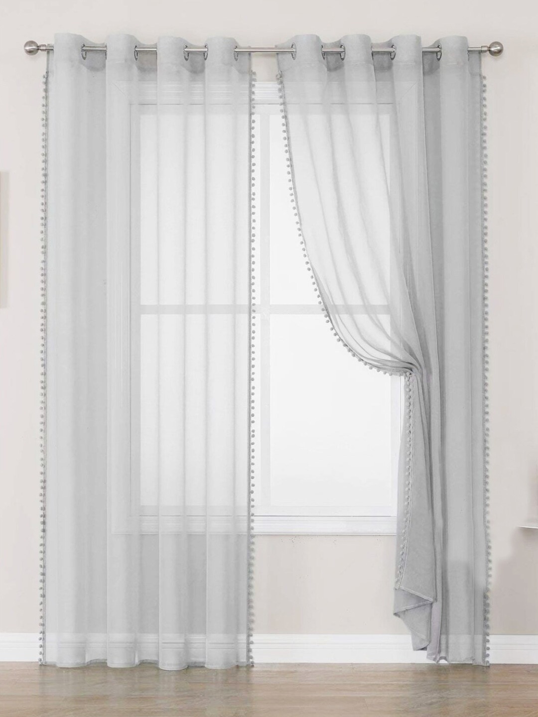 

URBAN SPACE Grey 2 Pieces Sheer Long Door Curtain