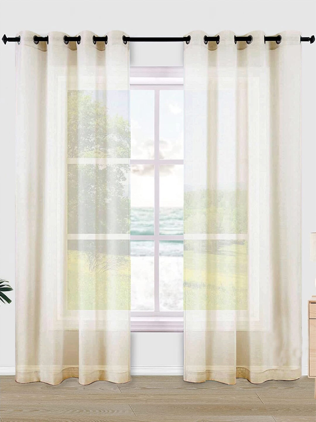 

URBAN SPACE Cream-Coloured 2 Pieces Sheer Long Door Curtain
