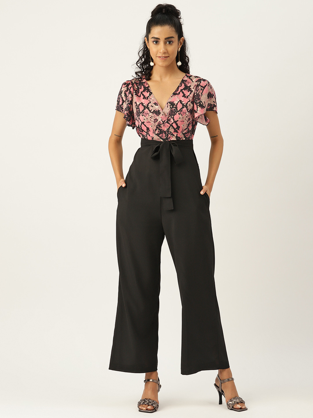

Sleek Italia Pink & Black Printed Basic Jumpsuit