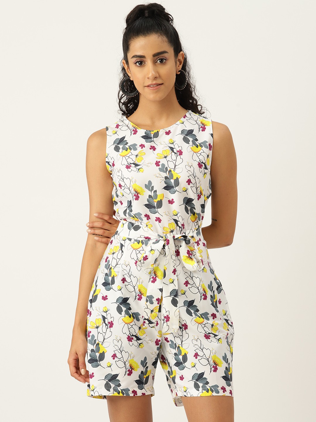 

Sleek Italia Printed Jumpsuit With Waist Tie-Ups, White